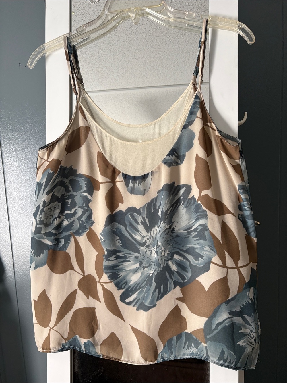 Floral Print Satin Cami Tank Top - Taupe Blue
